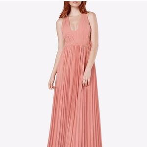 Fame and Partners V neck Open Back Pleated Gown in Mauve Pink